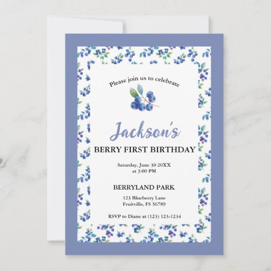 ブルーベリーのファーストバースデー 水彩風招待状 招待状 (正面)