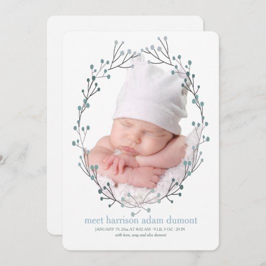 ブルーベリーの写真の誕生の発表 案内状 (正面/裏面)