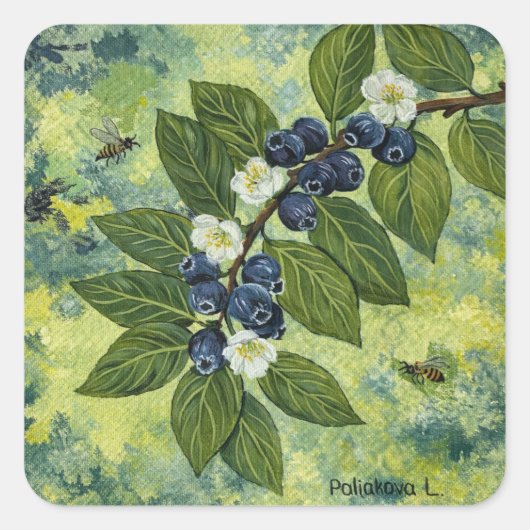 ブルーベリーの枝の植物画 スクエアシール (正面)