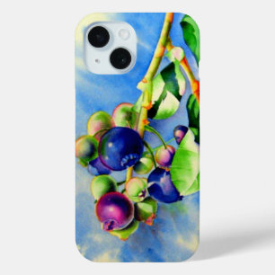 ブルーベリーの枝、水の絵画色の iPhone 15ケース