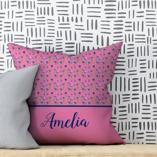 ブルーベリーの水彩柄かわいい名前ピンク クッション