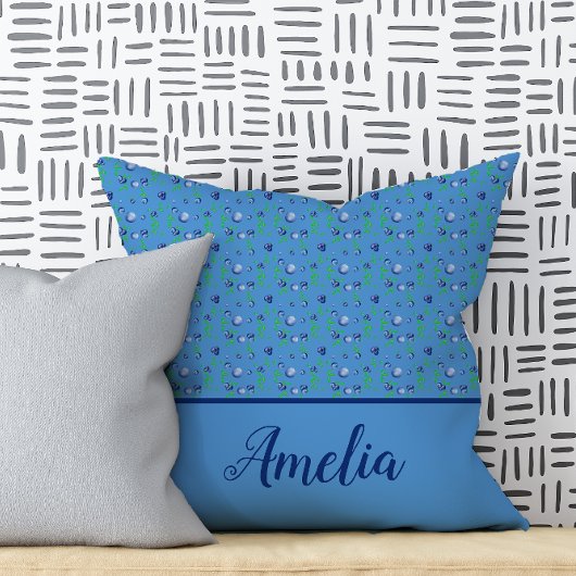ブルーベリーの水彩柄かわいい名前ブルー クッション