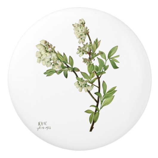 ブルーベリーの花の陶器ノブ セラミックノブ (正面)