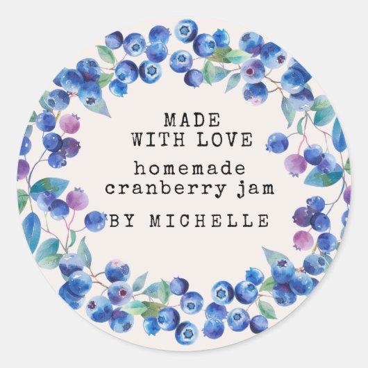 ブルーベリーの花輪 水彩ジャムラベル 缶詰 ラウンドシール (正面)