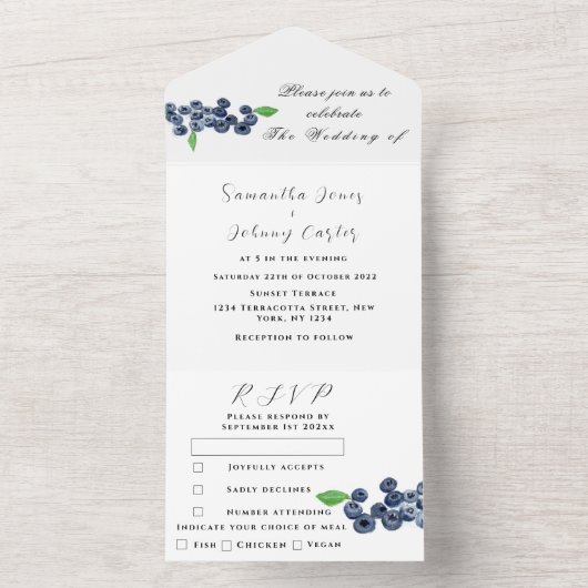 ブルーベリーエレガント素朴結婚の夏 オールインワン招待状 (内側)