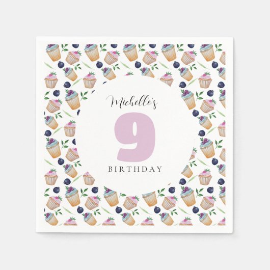 ブルーベリーカップケーキ水彩パターン スタンダードカクテルナプキン (正面)
