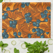 ブルーベリーガーデン、青とオレンジ キッチンタオル (折り畳み)