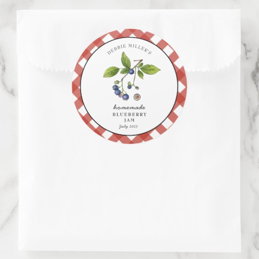 ブルーベリージャムのギンガムジャム瓶ラベル ラウンドシール (バッグ)