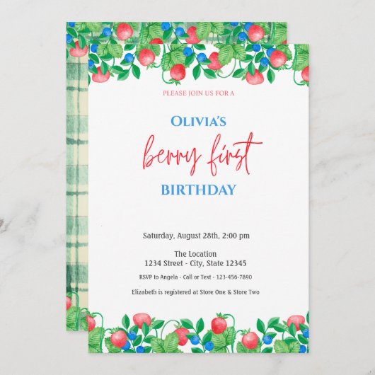 ブルーベリーストロベリーグリーンプレイド1st誕生日 招待状 (正面/裏面)