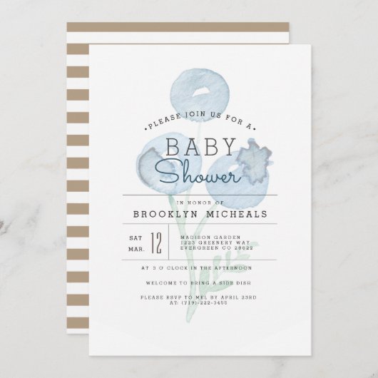 ブルーベリートリオ |ベリーウォーター色ベビーシャワー 招待状 (正面/裏面)