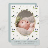 ブルーベリーパターンボーイ写真誕生のお知らせ 招待状 (正面/裏面)