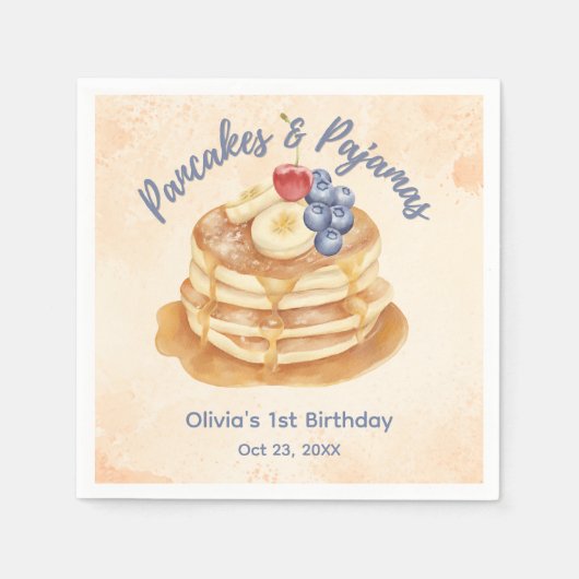 ブルーベリーパンケーキとパジャマの1歳の誕生日 スタンダードカクテルナプキン (正面)