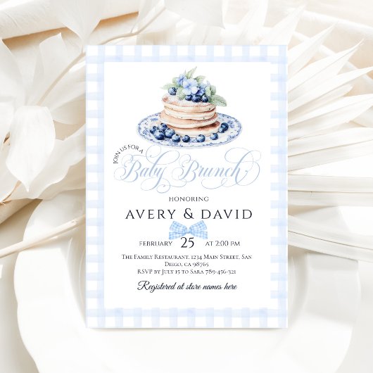 ブルーベリーパンケーキベビーブランチ赤ちゃんシャワーボーイ 招待状