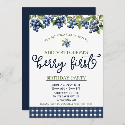 ブルーベリーファースト誕生日パーティー 招待状 (正面/裏面)