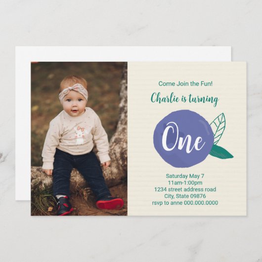 ブルーベリーファースト誕生日フォト招待状 招待状 (正面/裏面)