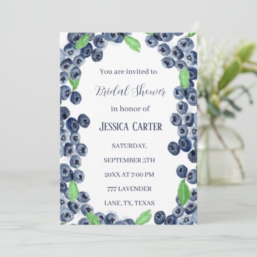 ブルーベリーフルーツウォーターカラーボホブライダルシャワー 招待状 (スタンド正面)