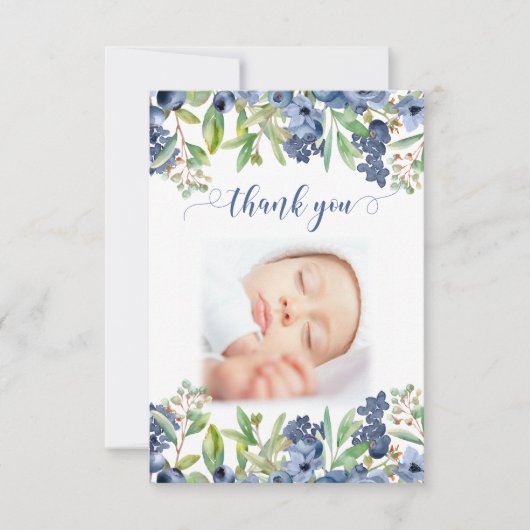 ブルーベリーフローラ赤ちゃんシャワー写真サンキューカード サンキューカード (正面)