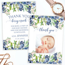 ブルーベリーフローラ赤ちゃんシャワー写真サンキューカード