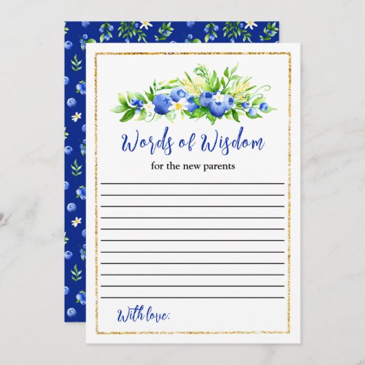 ブルーベリーフローラ赤ちゃんシャワー知恵の言葉 招待状 (正面/裏面)