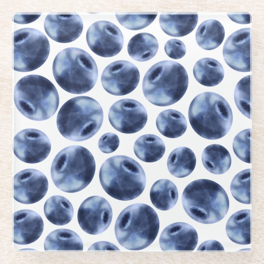 ブルーベリープリントフルーツパターン ガラスコースター (正面)