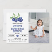 ブルーベリーベリー初めての女の子1歳の誕生日写真 招待状 (正面)
