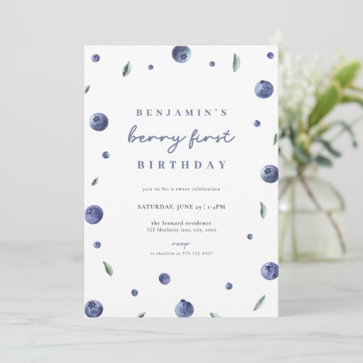 ブルーベリーボーイベリーファースト誕生日招待状 招待状 (スタンド正面)