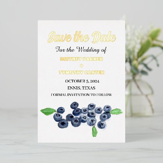 ブルーベリー果実水彩写真QRコード結婚ズ 箔招待状 (立ち正面)