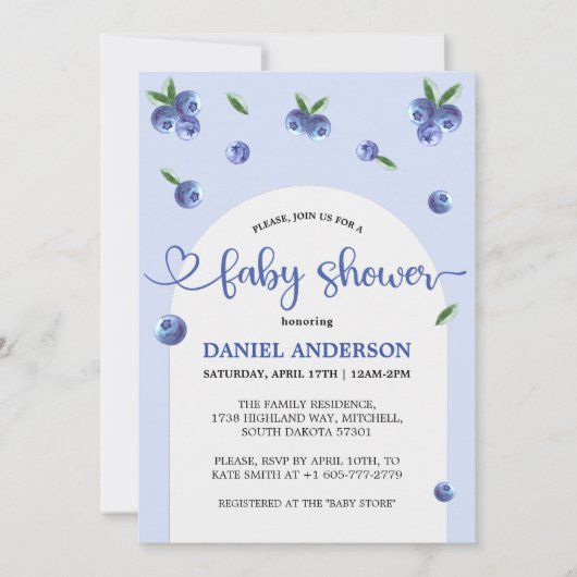 ブルーベリー甘い水の色の男の子の赤ちゃんシャワー 招待状 (正面)