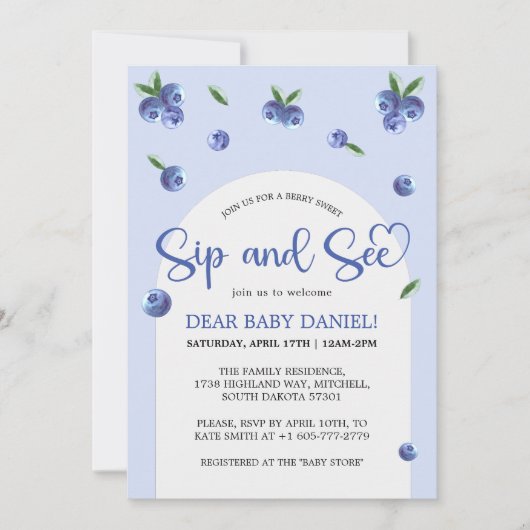 ブルーベリー甘い水の色の男の子sipと参照 招待状 (正面)