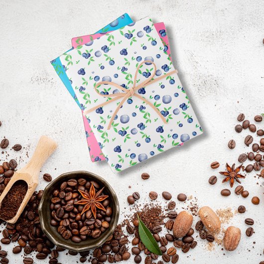 ブルーベリー白ピンク柄 ラッピングペーパーシート