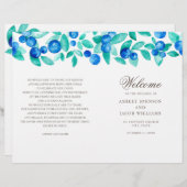 ブルーベリー結婚式プログラム。水彩青ティール(緑がかった色) (正面/裏面)