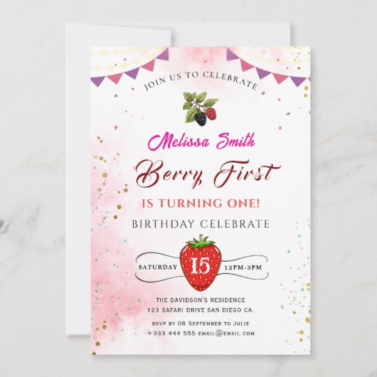 ブルーベリー誕生日パーティーの招待 招待状 (正面)