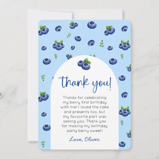 ブルーベリー1歳誕生日写真感謝カード 招待状 (正面)