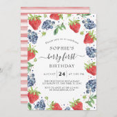 ブルーベリー ストロベリー スイート ベリー ファースト バースデー 招待状 (正面/裏面)