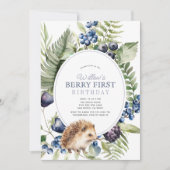 ブルーベリー＆ハリネズミの Berry First 1歳の誕生日 招待状 (正面)