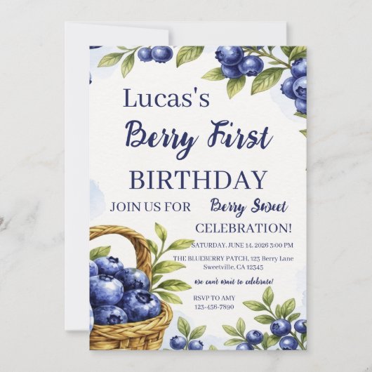 ブルーベリー ファースト バースデー 男の子 1歳の誕生日 招待状 (正面)