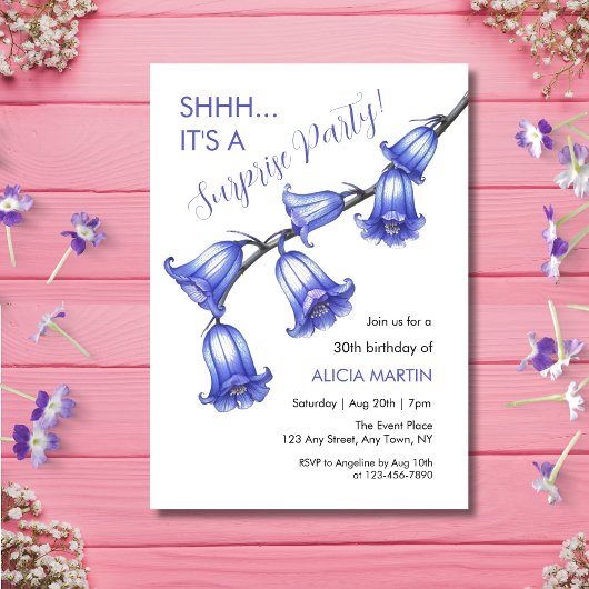 ブルーベルエレガントフラワーブロッサムサプライズ誕生日 招待状