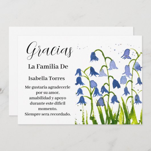 ブルーベルスペインのフローラ葬儀死ありがとう 招待状 (正面/裏面)