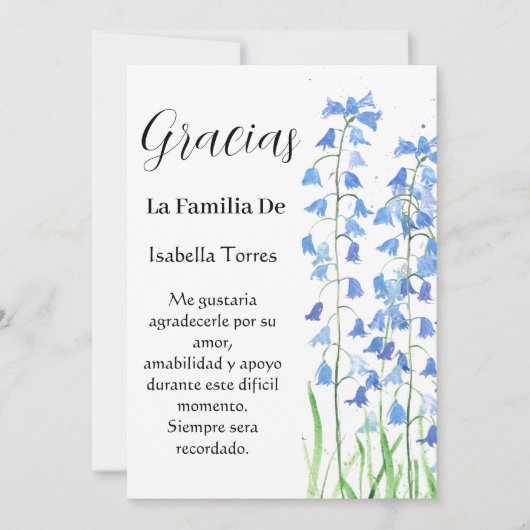 ブルーベルスペインのフローラ葬儀死ありがとう 招待状 (正面)