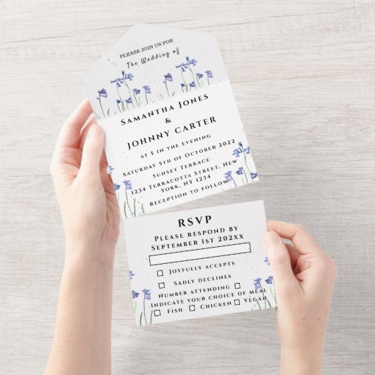 ブルーベルズウォーターカラーブルーフローラRSVP 結婚's オールインワン招待状 (貼ってはがせる)