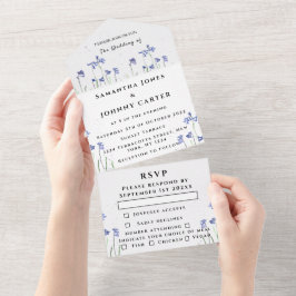 ブルーベルズウォーターカラーブルーフローラRSVP 結婚's オールインワン招待状