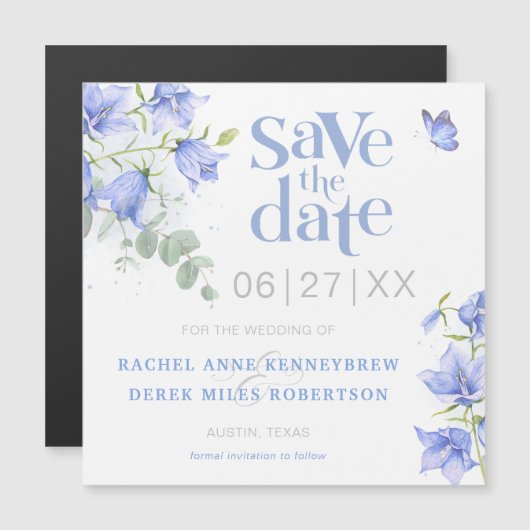 ブルーベルフラワーウェディング日付マグネットカードを保存 (正面/裏面)