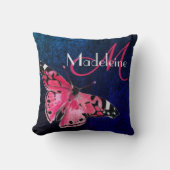 ブルーベルベットホットピンクファンタジー蝶アールデコ クッション (正面)
