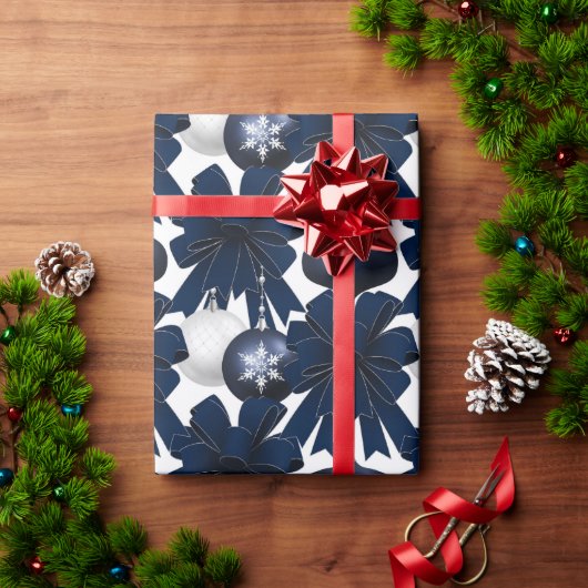 ブルーベルベットボウズオーナメントホリデイ ラッピングペーパー (クリスマスギフト)