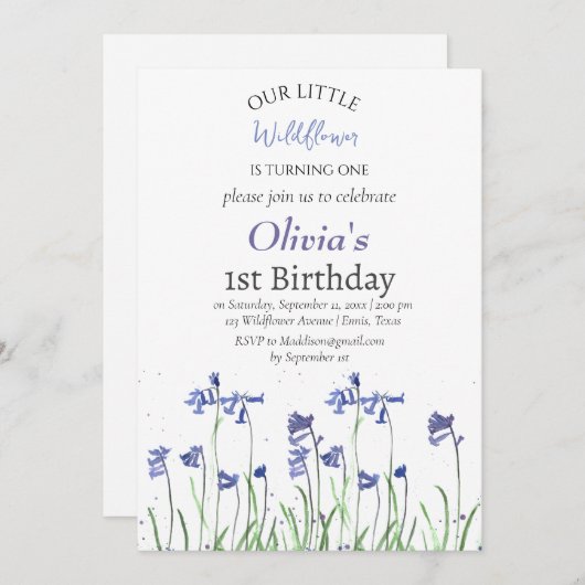 ブルーベル1st第1誕生日ガールブルーフローラ 招待状 (正面/裏面)