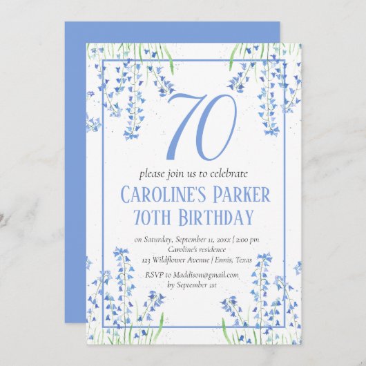 ブルーベル70誕生日ブルーフローラ植物学 招待状 (正面/裏面)
