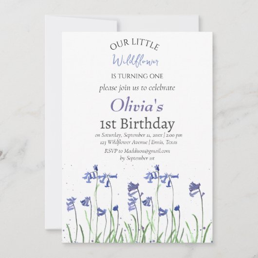ブルーベル 1歳の女の子の誕生日 ブルーフローラル 招待状 (正面)