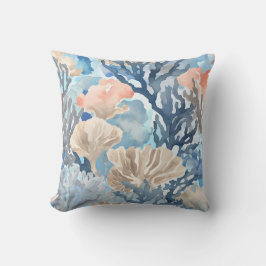 ブルーベージュオレンジコーラルリーフウォーターカラーコースト クッション