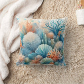 ブルーベージュオレンジコーラルリーフウォーターカラー海洋生物 クッション (ブランケット)