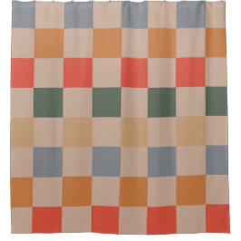 ブルーベージュオレンジブラウン市松模様にジンガムパターン シャワーカーテン